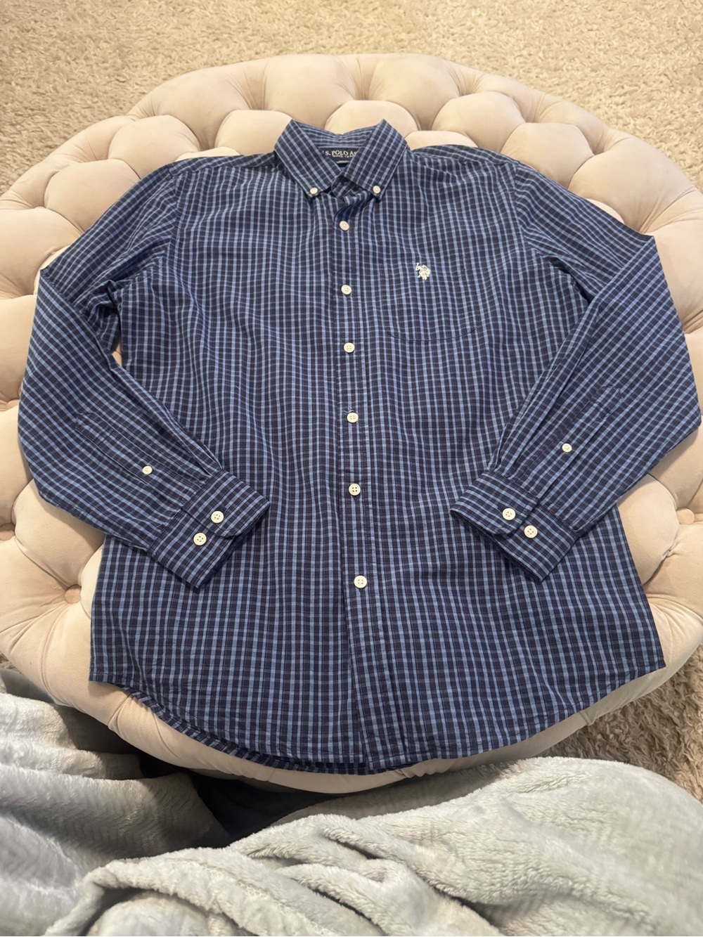 U.S. Polo Assn. Navy and White Plaid/Striped Button-Down Shirt